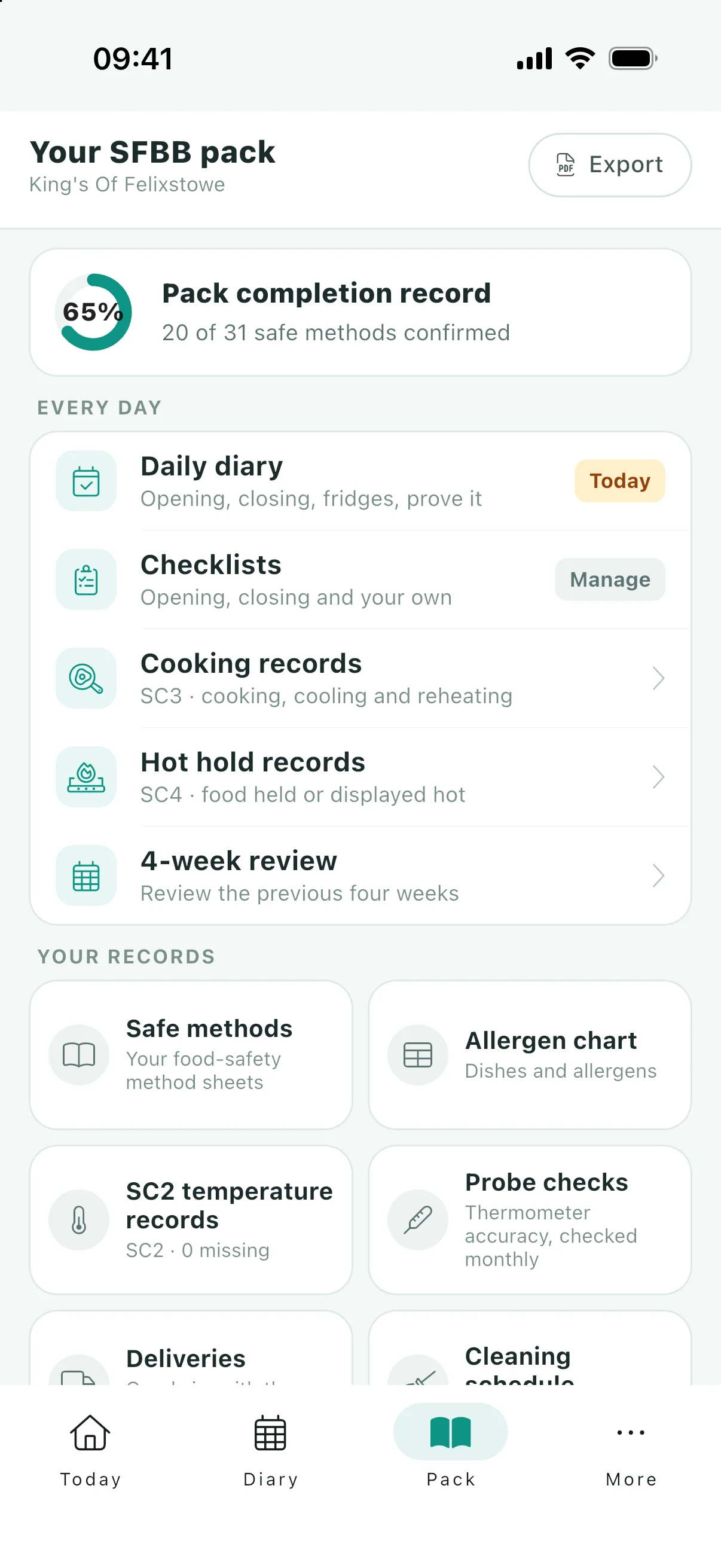 The app pack screen with safe methods and an export control