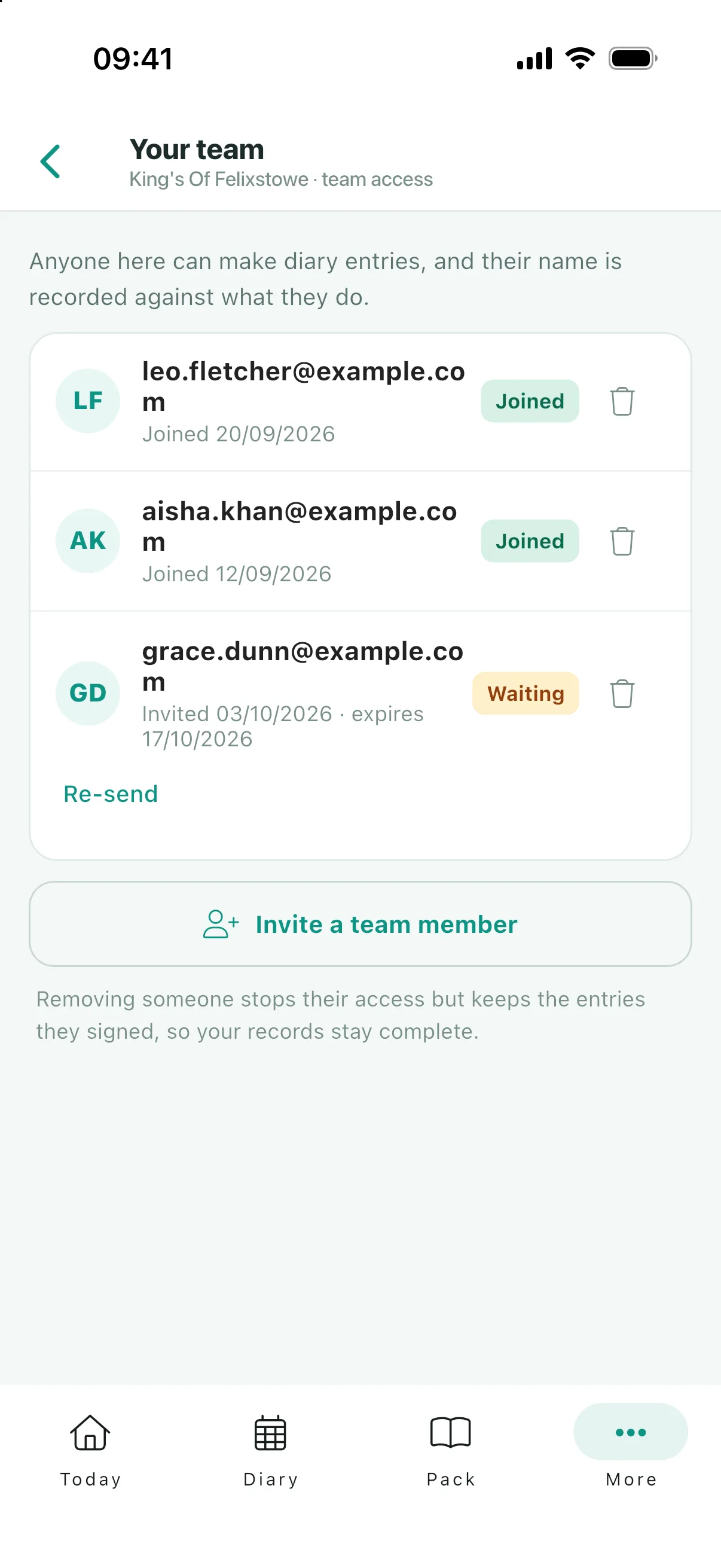 Team access for a business, including joined members and a pending invitation