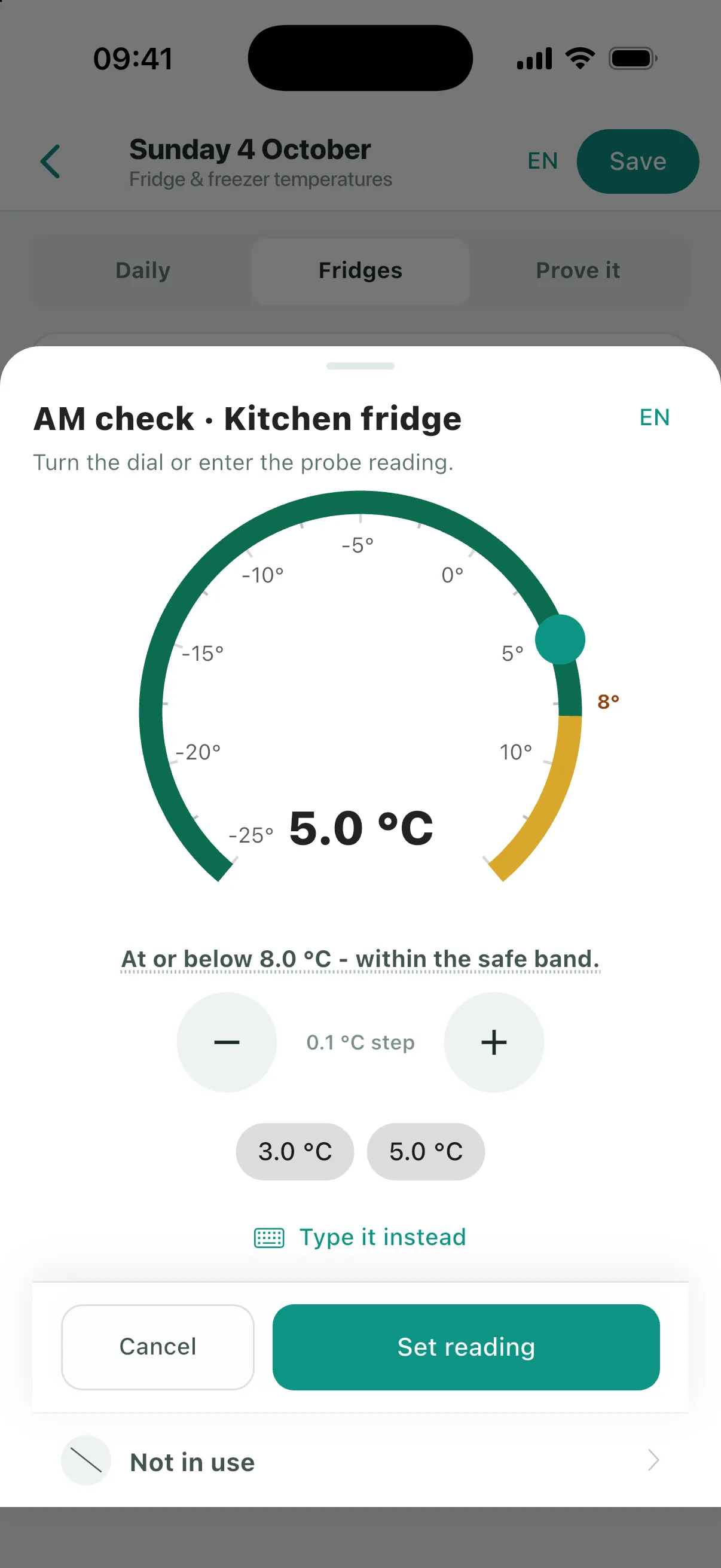 A probe temperature reading recorded in the app